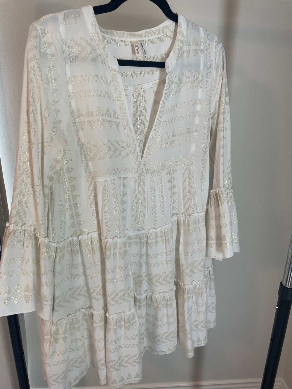 Boho White Metallic Pattern Tiered Dress